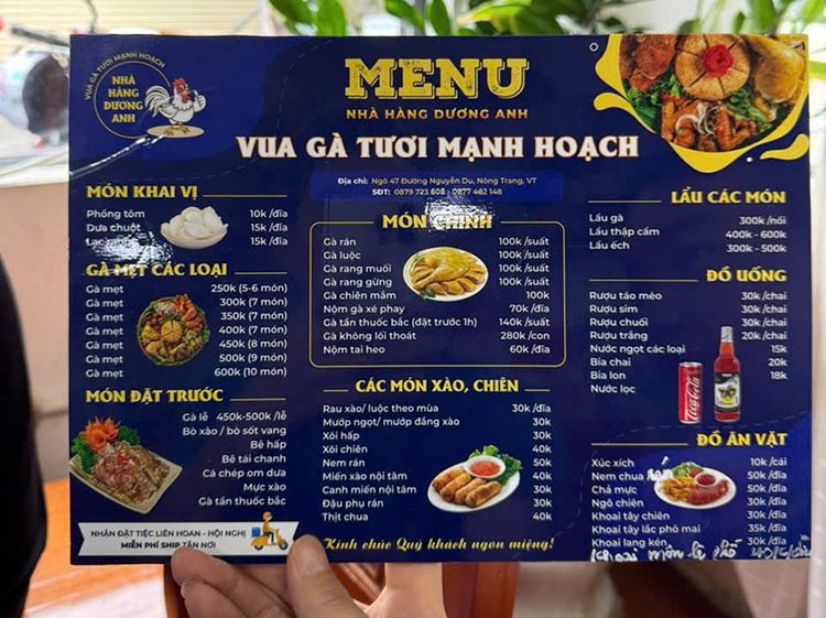 Menu nhà hàng Dương Anh