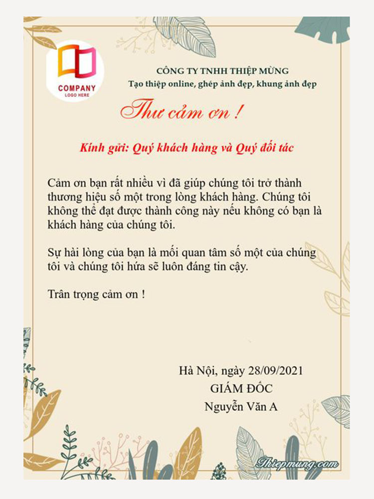 Mẫu thư cảm ơn kích thước A6 – A4