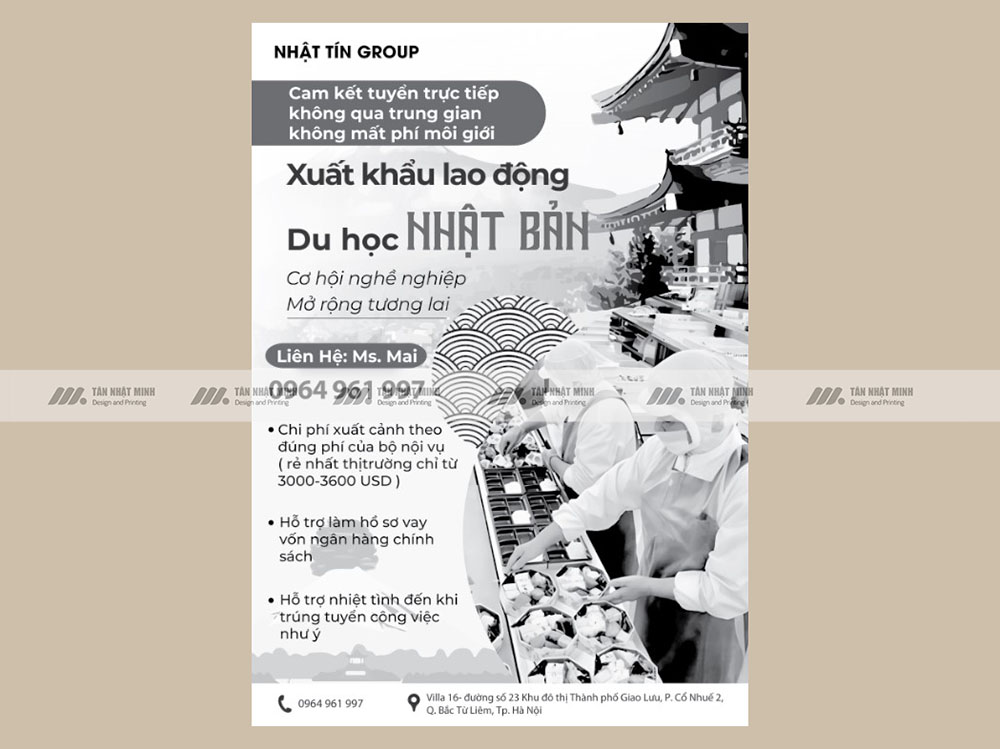 Tờ rơ đen trắng xuất khẩu lao động Nhật Bản
