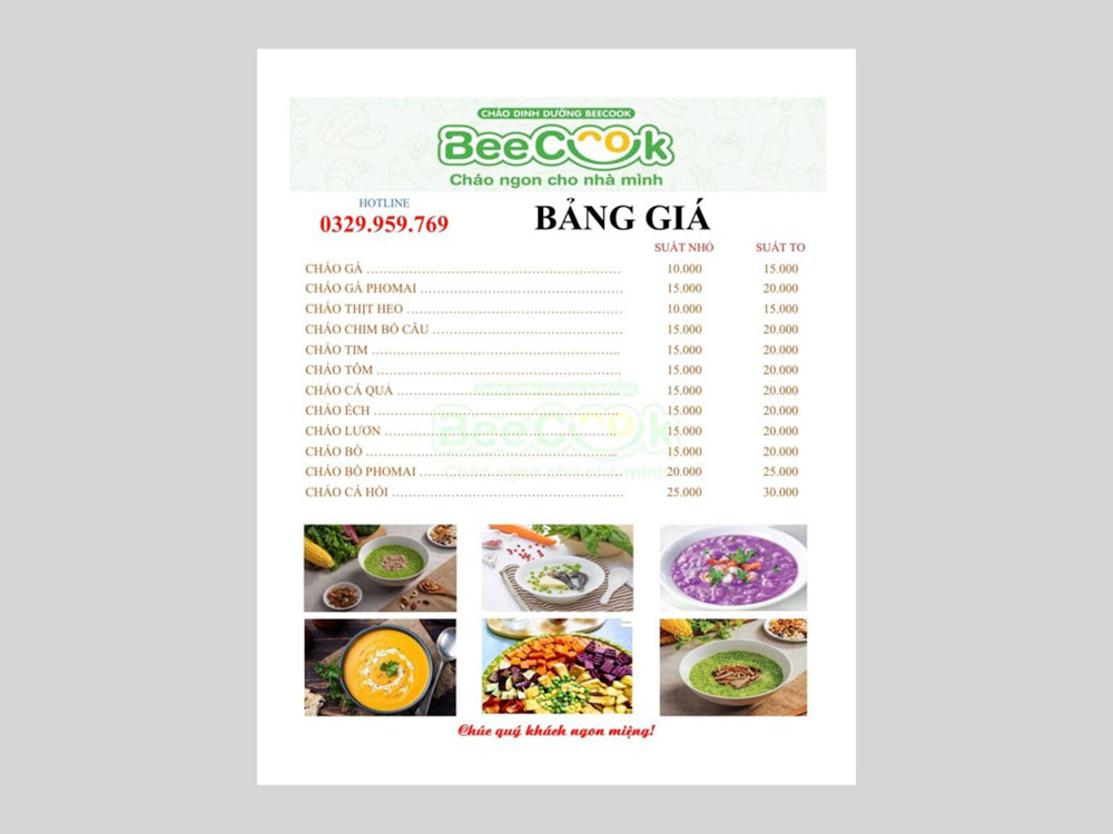 Mẫu Menu Cháo Dinh Dưỡng Đẹp