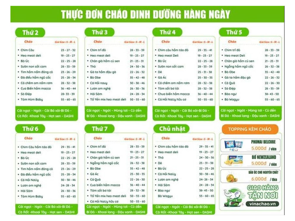 Mẫu Menu Cháo Dinh Dưỡng Đẹp