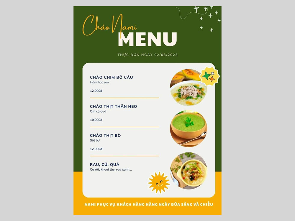 Mẫu Menu Cháo Dinh Dưỡng Đẹp